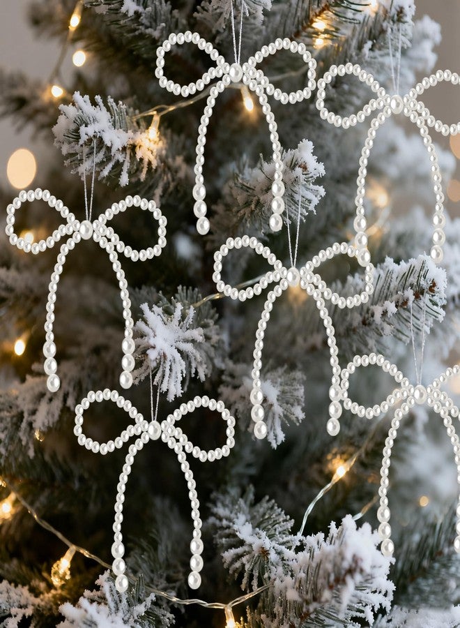 Solldgt Pearl Bow Christmas Ornaments White, 12Pcs Bowknot Christmas Tree Decor Xmas Ornament Hanging Pendant Decoration, Cake/Cupcake Topper Decorations for Wedding Bridal Baby Shower Birthday Party Supplies - Image 1